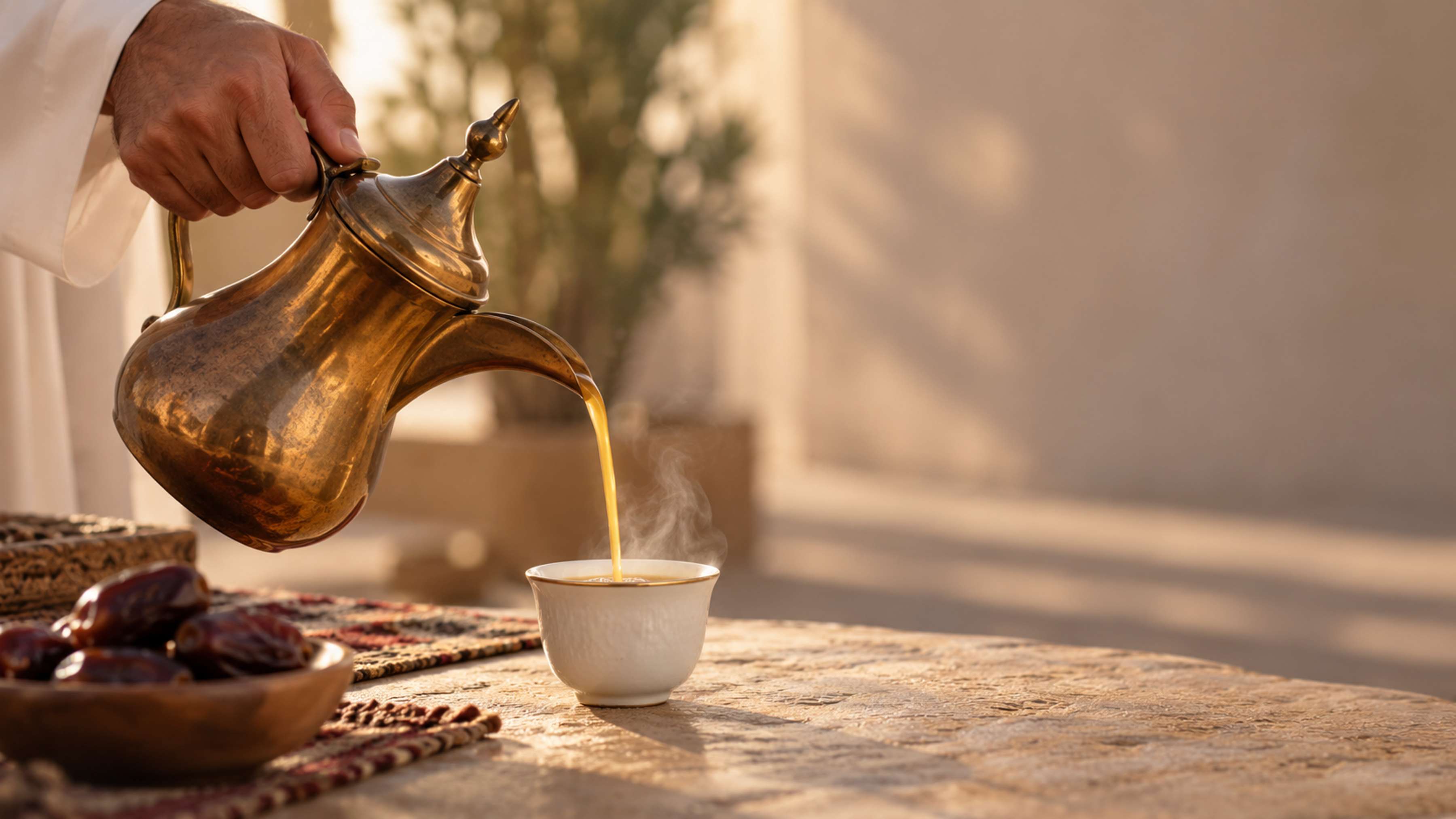 صب القهوة العربية في فنجان صغير، مثال مولد بالذكاء الاصطناعي