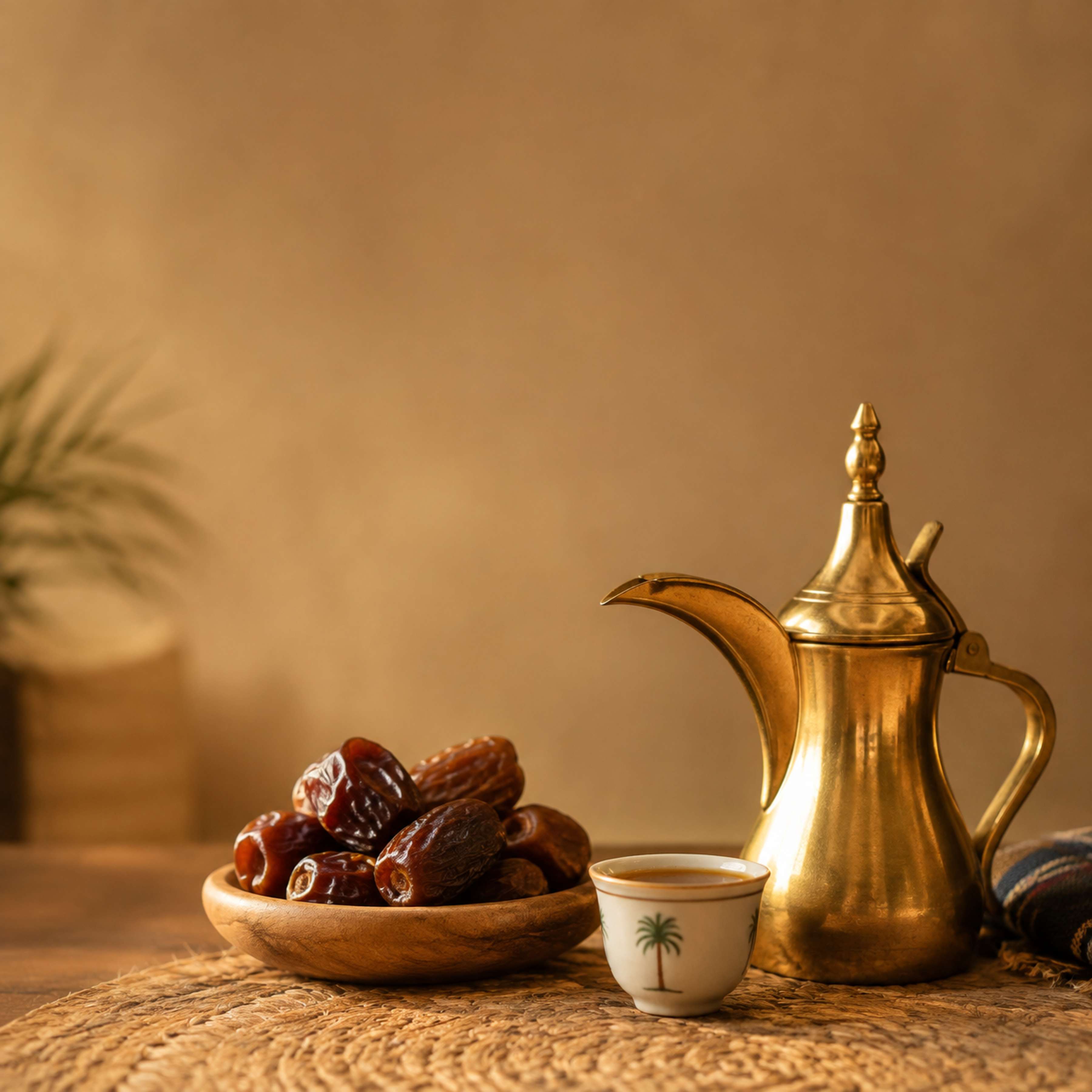 تمر بجوار دلة وفنجان قهوة خليجية، مثال مولد بالذكاء الاصطناعي